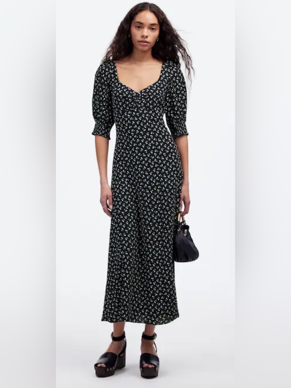 Madewell Ruched Scoopneck Side slit Midi Dress Floral Sz S